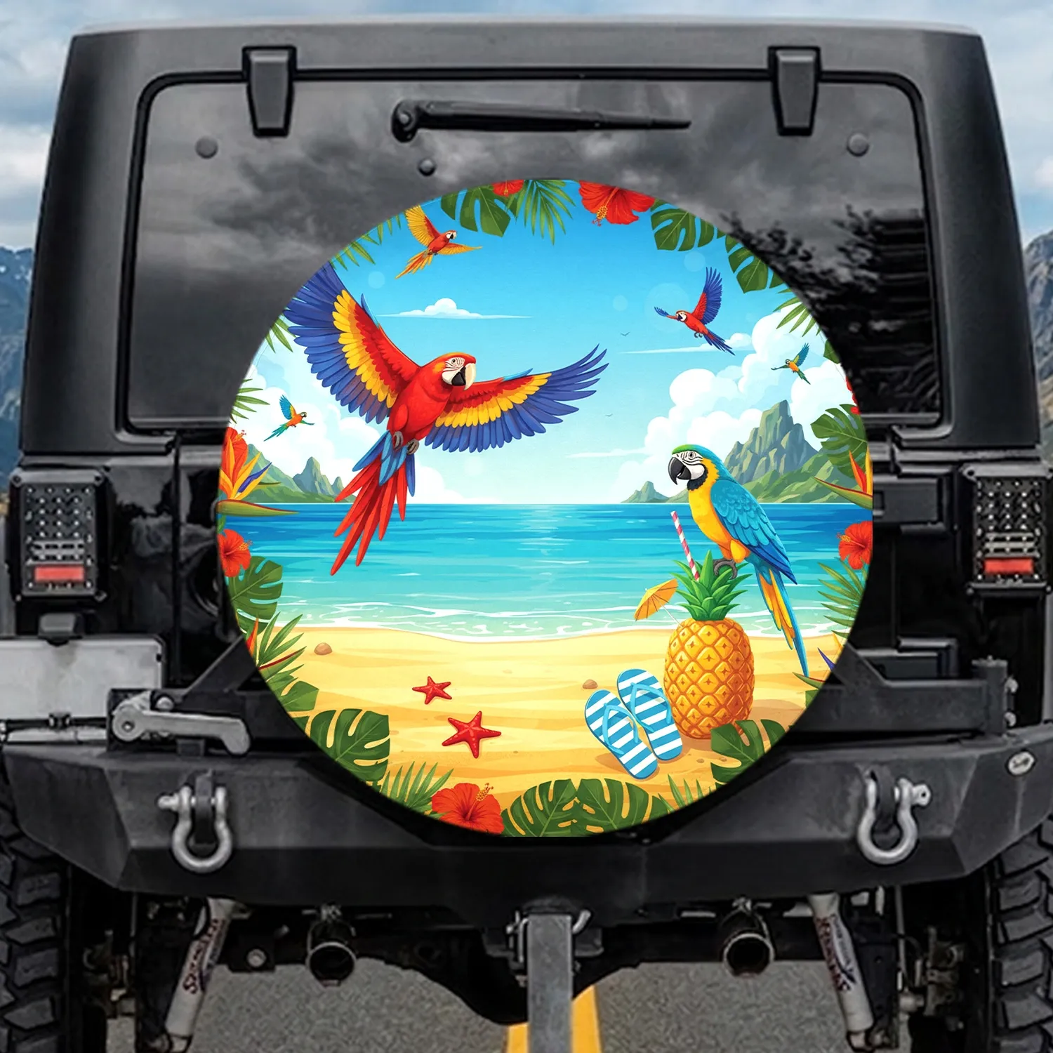Red Macaw Parrot Tropical Beach Flip Flops Starfish - Beach Lover Gift Spare Tire Cover - 1