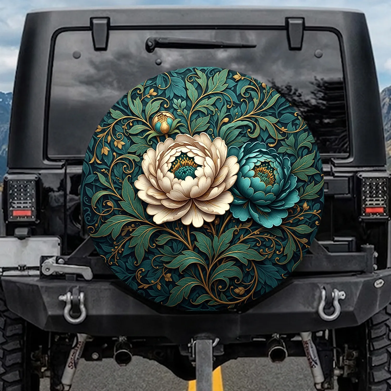 Teal Gold Peonies Botanical - Home Decor Gift Spare Tire Cover - 1