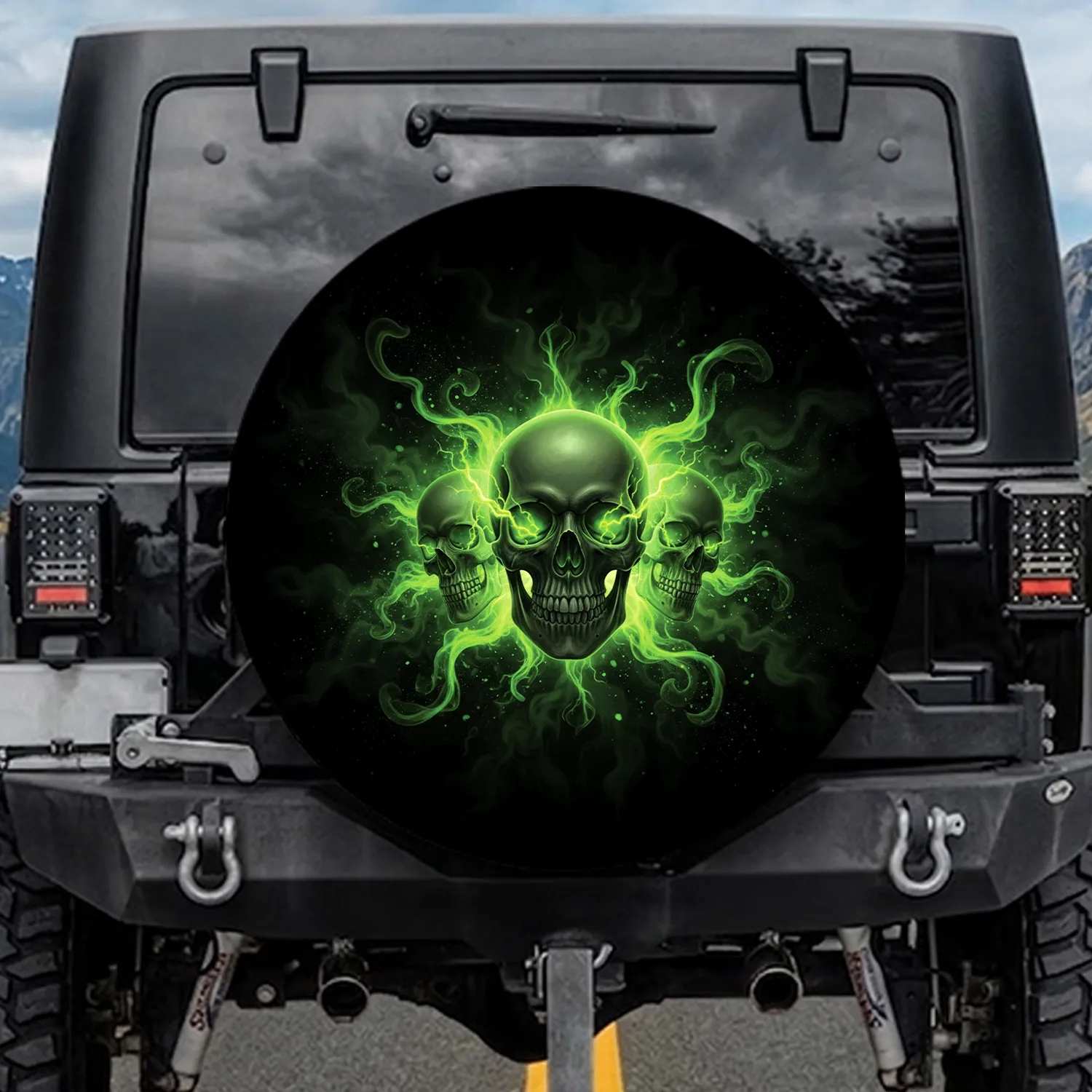 Three Realistic Skulls Glowing Smoke Dust Cosmic - Halloween Party Decor Spare Tire Cover - 1