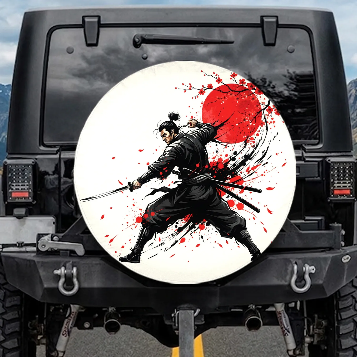 Samurai Warrior Katana Red Sun Cherry Blossom - Home Decor Gift Martial Arts Lover Spare Tire Cover - 1