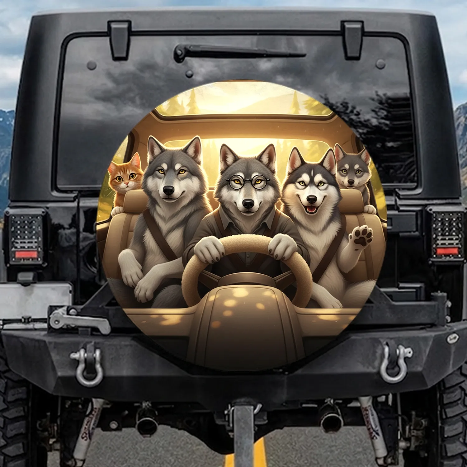 Wise Wolf Husky Cat Forest Road Trip - Adventure Lover Gift Spare Tire Cover - 1