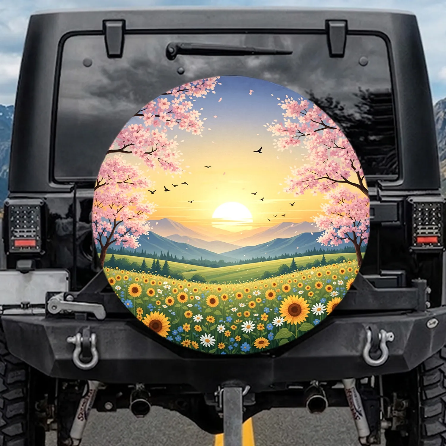 Sunrise Wildflower Meadow Cherry Blossom Mountain Landscape - Nature Lover Gift Spare Tire Cover - 1