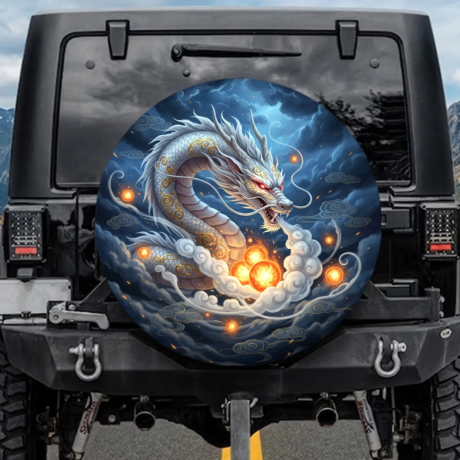 Oriental Dragon Fire Orbs Stormy Sky - Fantasy Decor Gift for Dragon Lovers Spare Tire Cover - 1