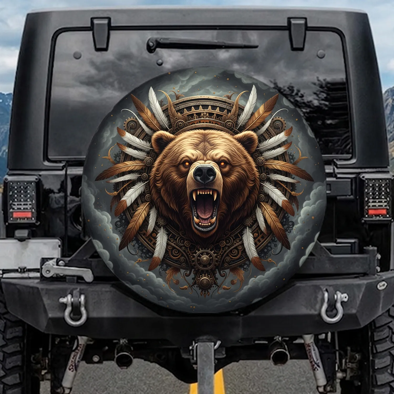 Roaring Grizzly Bear Tribal Mechanical Filigree - Wildlife Lover Gift Spare Tire Cover - 1