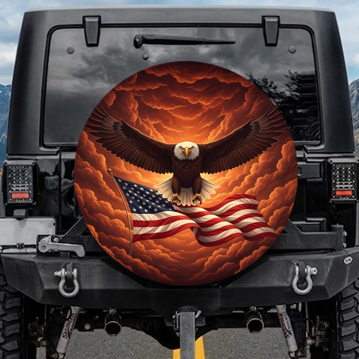 Bald Eagle American Flag Storm Clouds - Independence Day Gift for Veterans Spare Tire Cover - 1