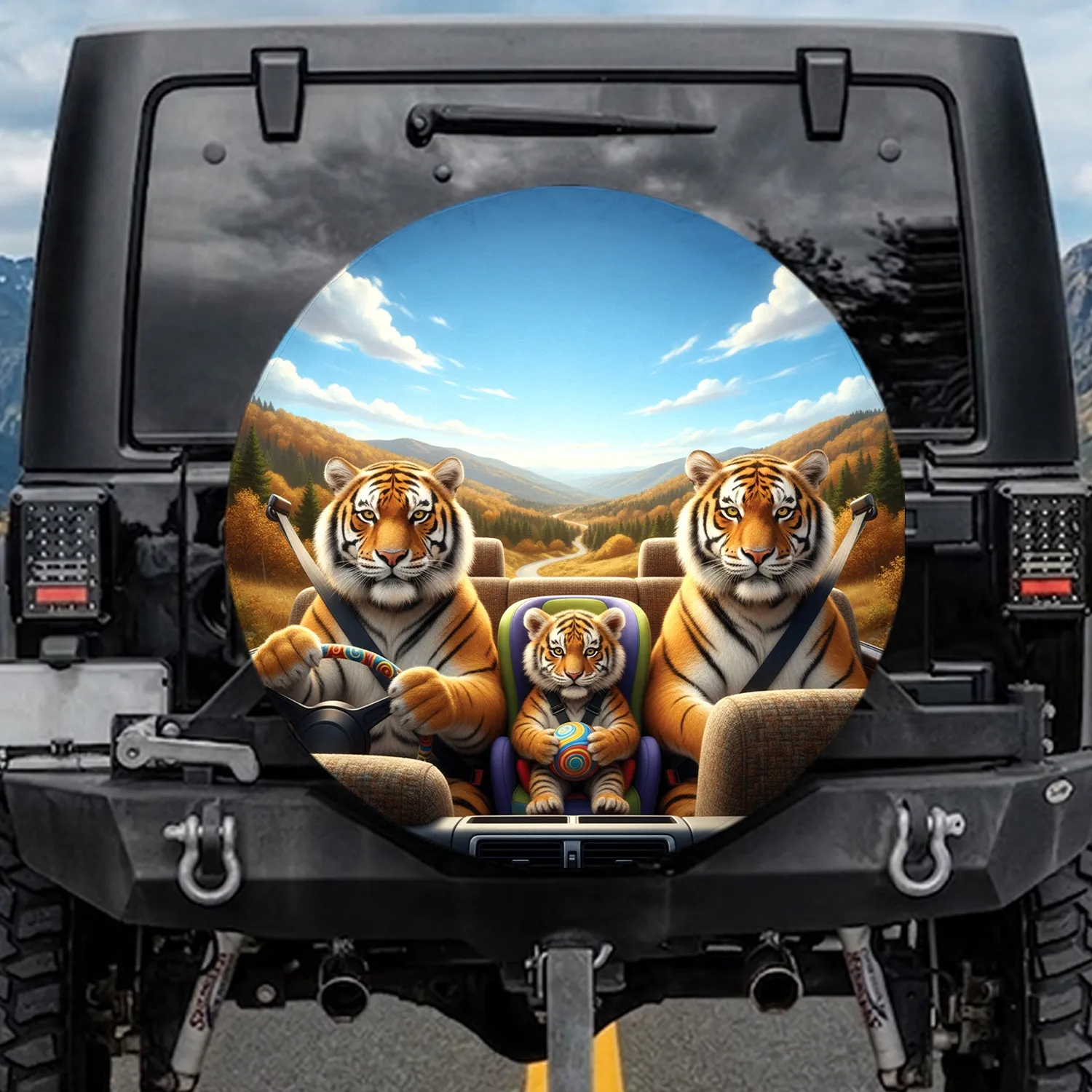 Realistic Tiger Family Driving - Road Trip Adventure Gift Spare Tire Cover - 1