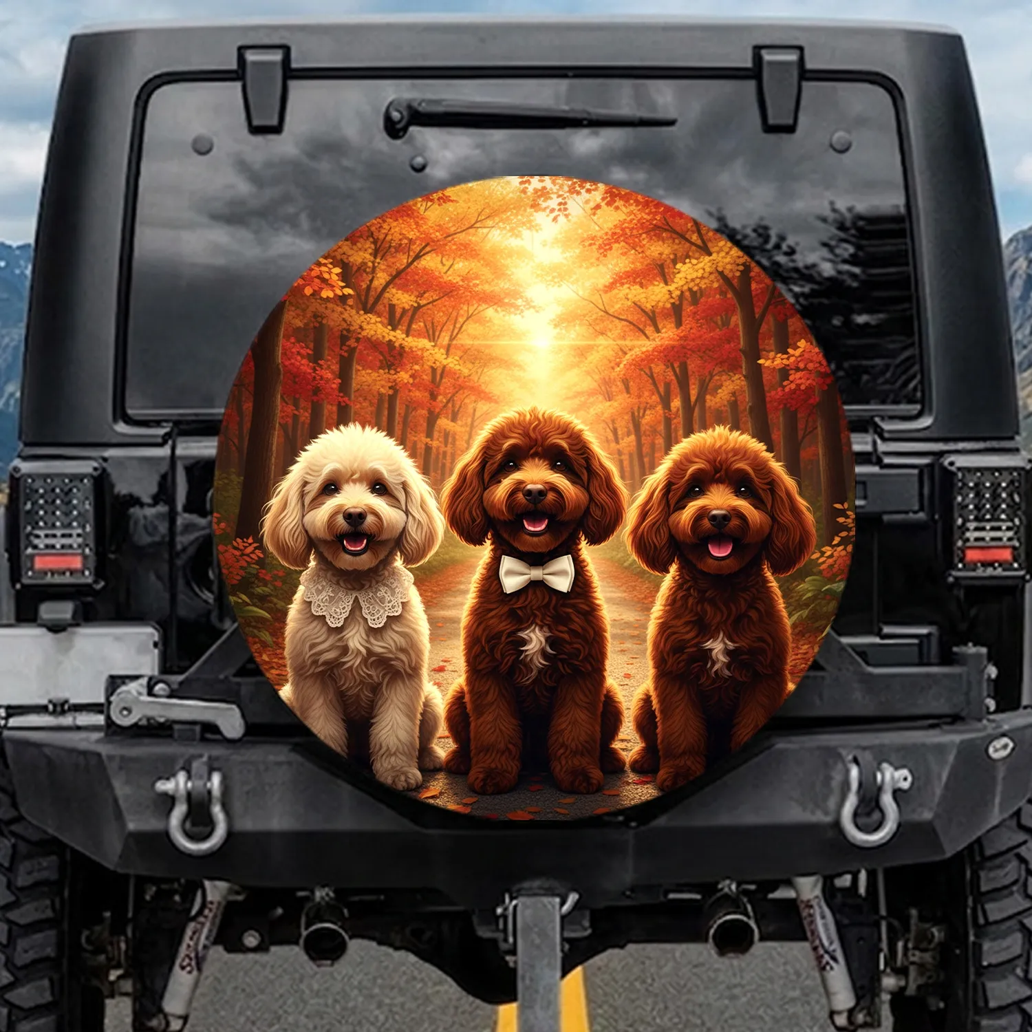 Three Poodles Autumn Forest Road Dappled Sunlight - Autumn Lover Gift for Poodle Owners & Drivers Spare Tire Cover - 1