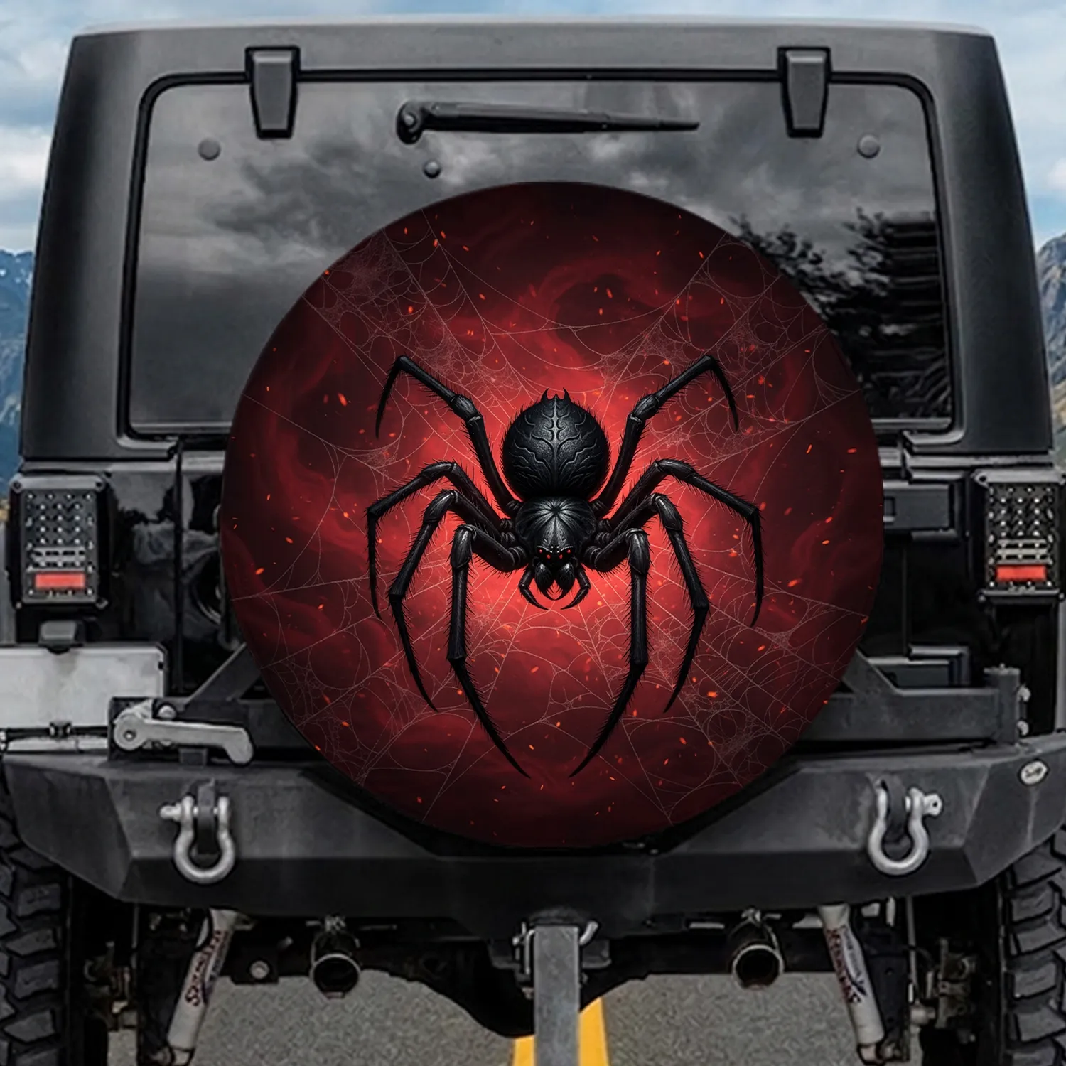 Menacing Black Spider Crimson Web - Outdoor Car Decor for Spider Fan Spare Tire Cover - 1