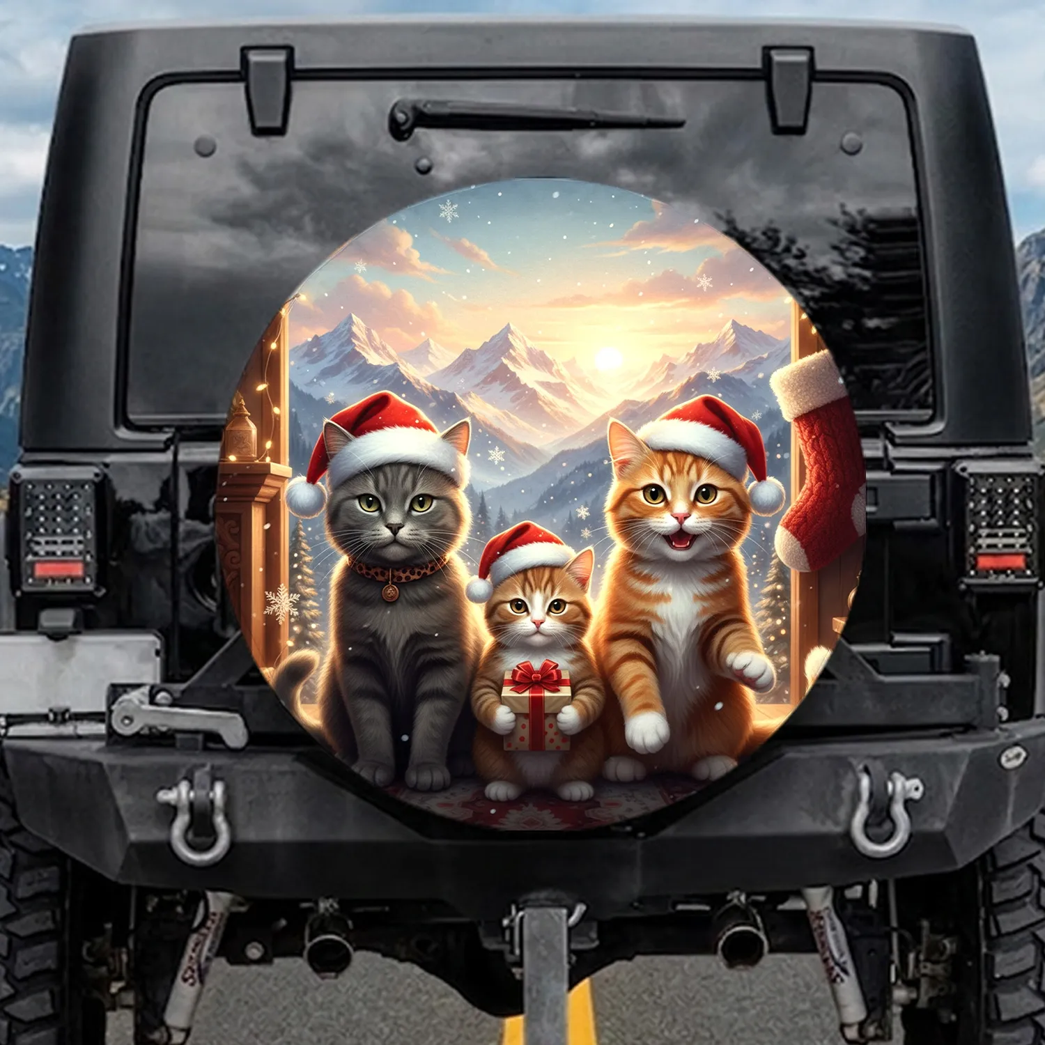 Santa Cat Trio Christmas Mountain Sunrise - Holiday Gift for Cat Lovers Spare Tire Cover - 1