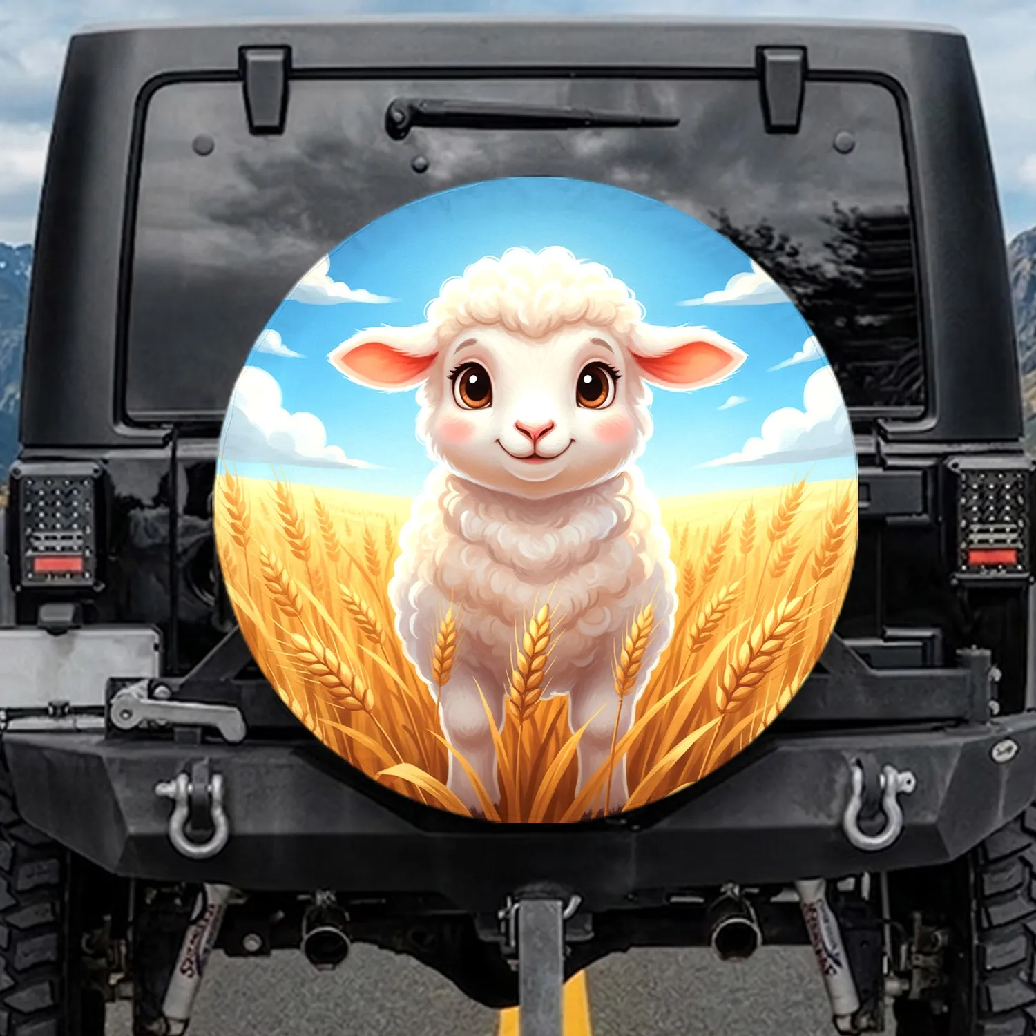 Fluffy Lamb Golden Wheat Field - Farmhouse Home Decor Gift for Animal Lovers Spare Tire Cover - 1