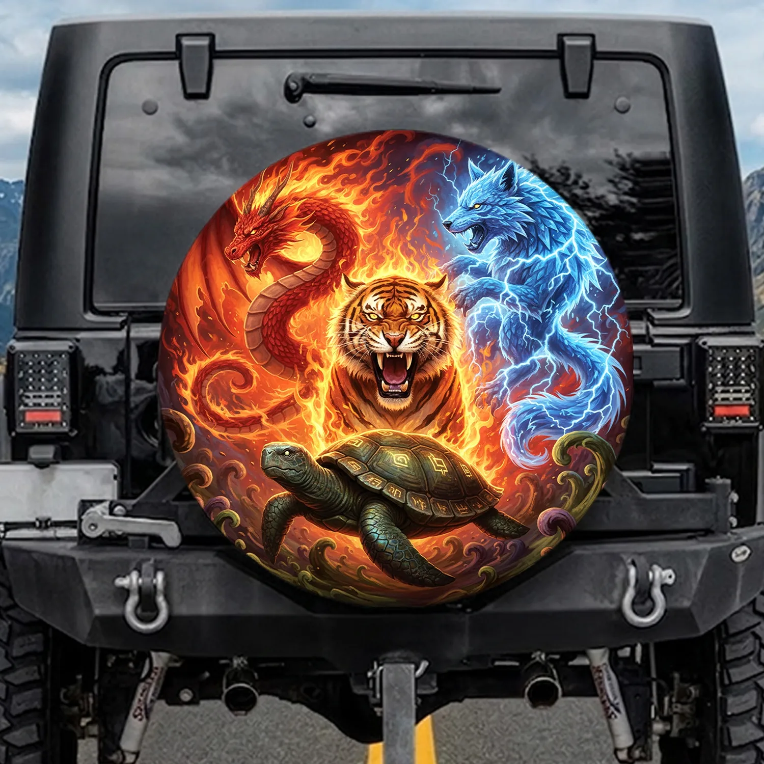 Fierce Roaring Tiger Dragon Wolf Turtle Elemental Energy - Fantasy Lover Gift Spare Tire Cover - 1