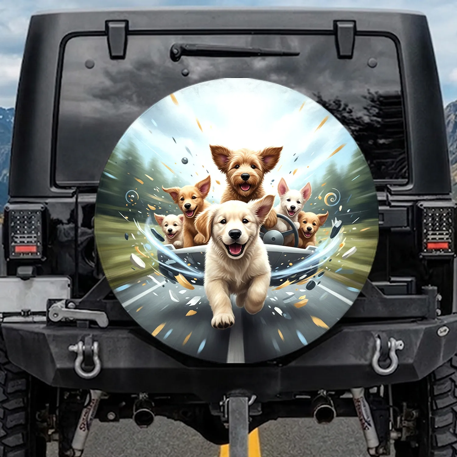 Fluffy Golden Labradoodle Puppies Driving Vehicle Road Trip Travel Gift Spare Tire Cover - 1