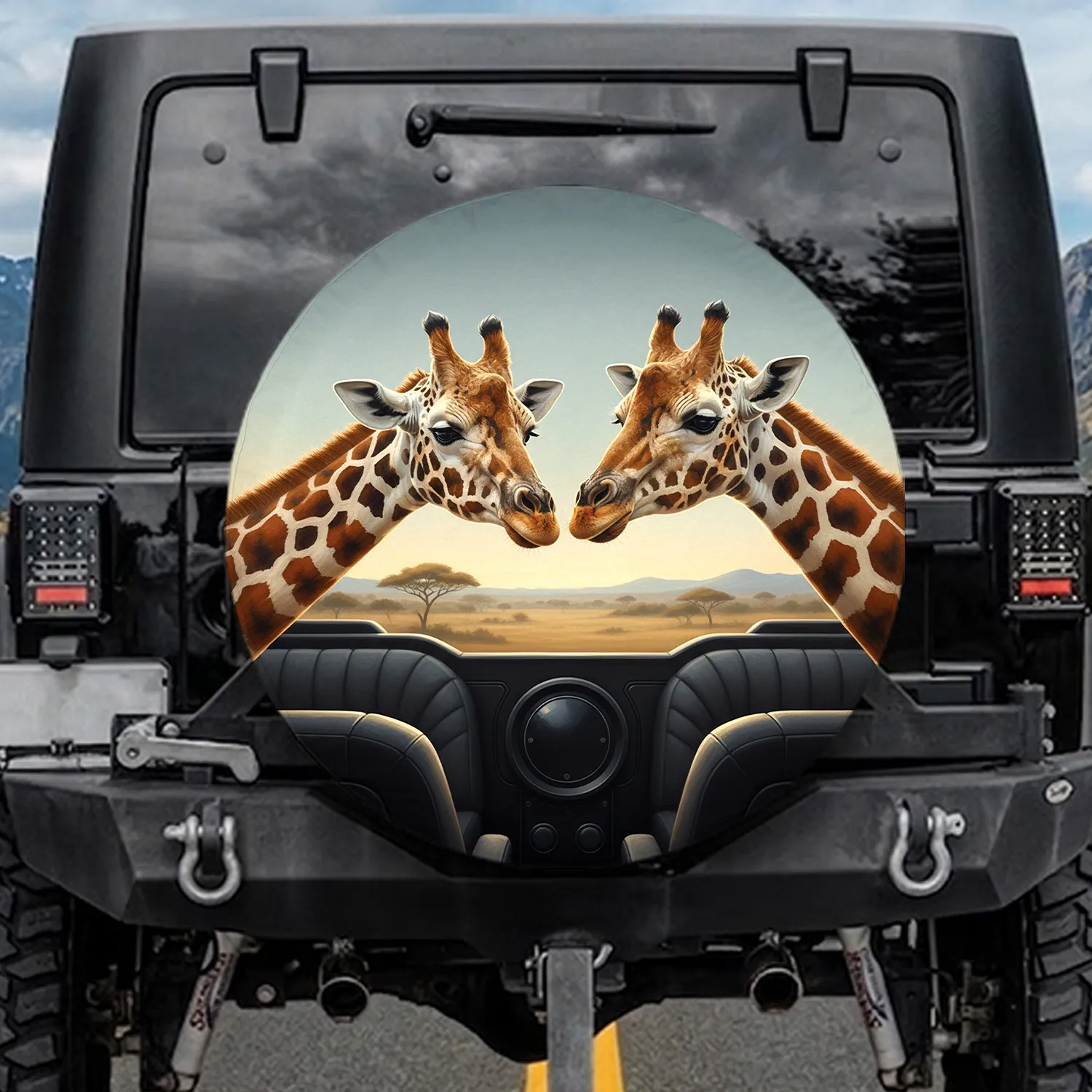 Curious Engaging Giraffe Pair Savanna Landscape - Wildlife Lover Gift Spare Tire Cover - 1