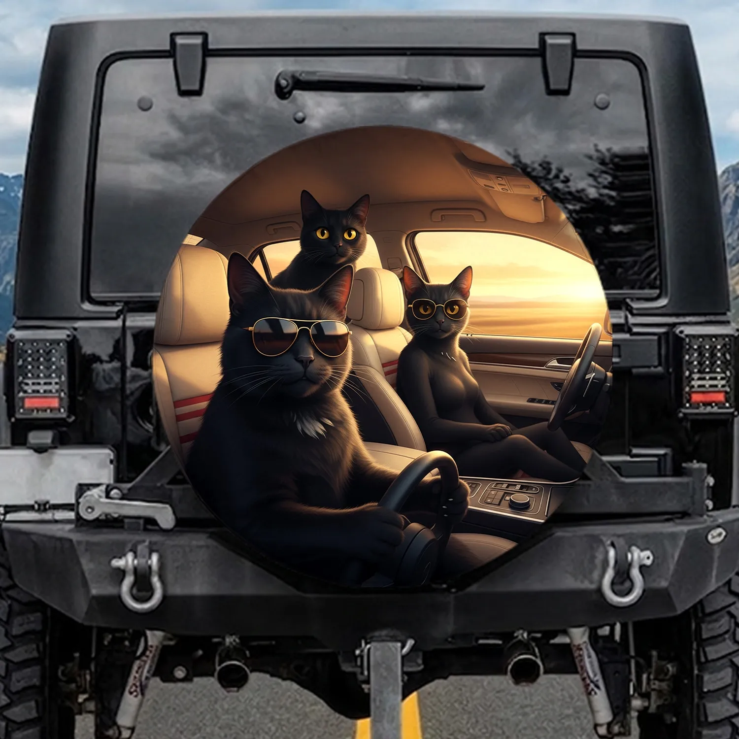 Black Cats Golden Hour Road Trip - Cat Lover Travel Gift Spare Tire Cover - 1