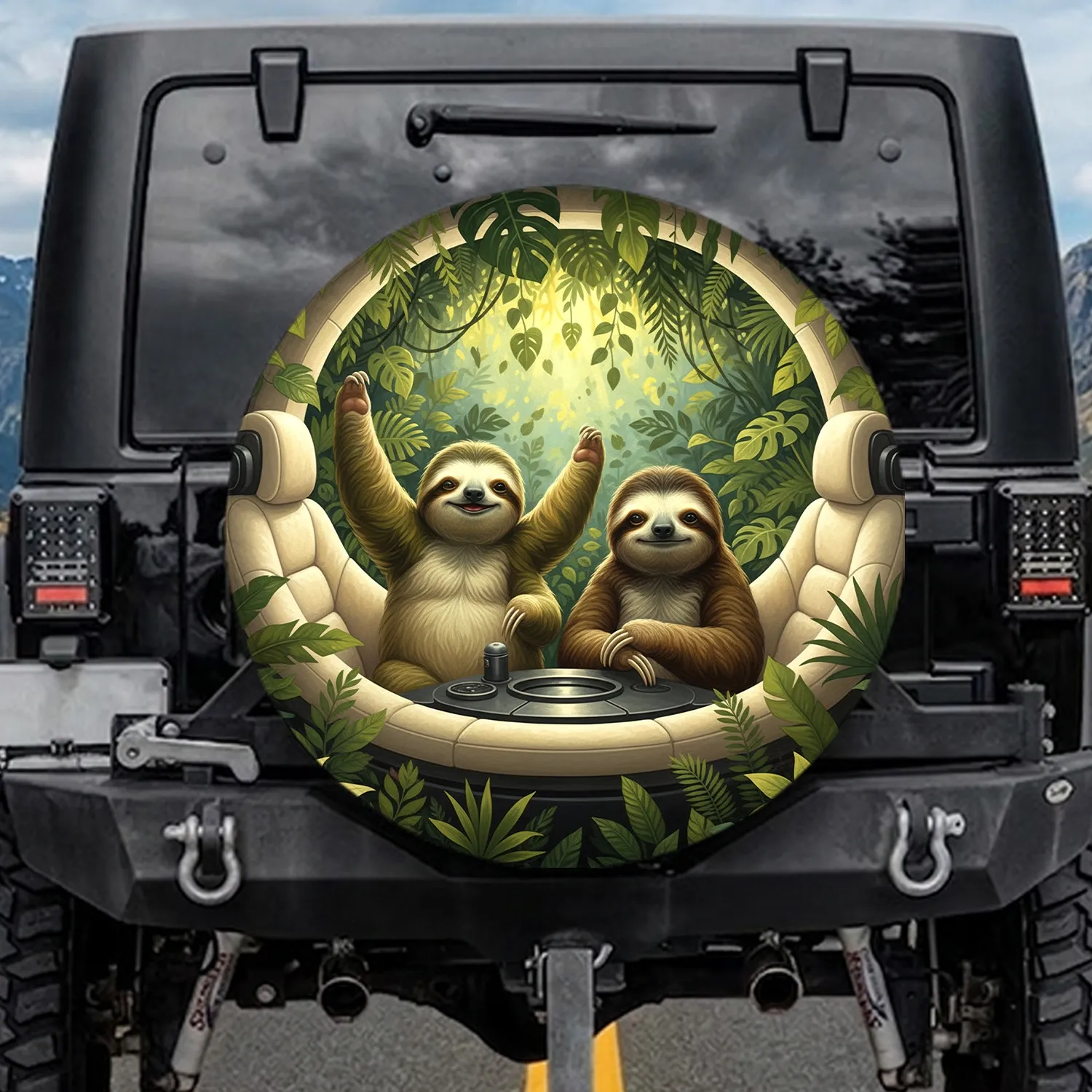 Realistic Joyful Sloths Driving Tropical Jungle Canopy Dashboard - Adventure Lover Gift Spare Tire Cover - 1