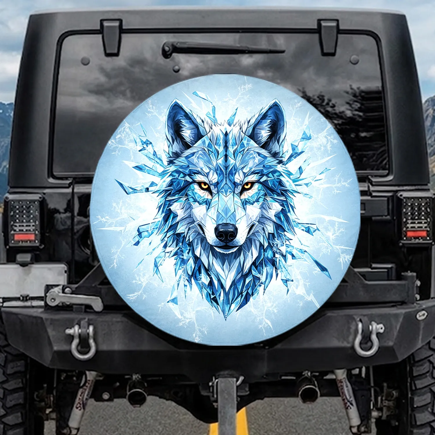 Ice Wolf Head Fractured Frost Glowing Amber Eyes - Winter Grandeur Gift Spare Tire Cover - 1