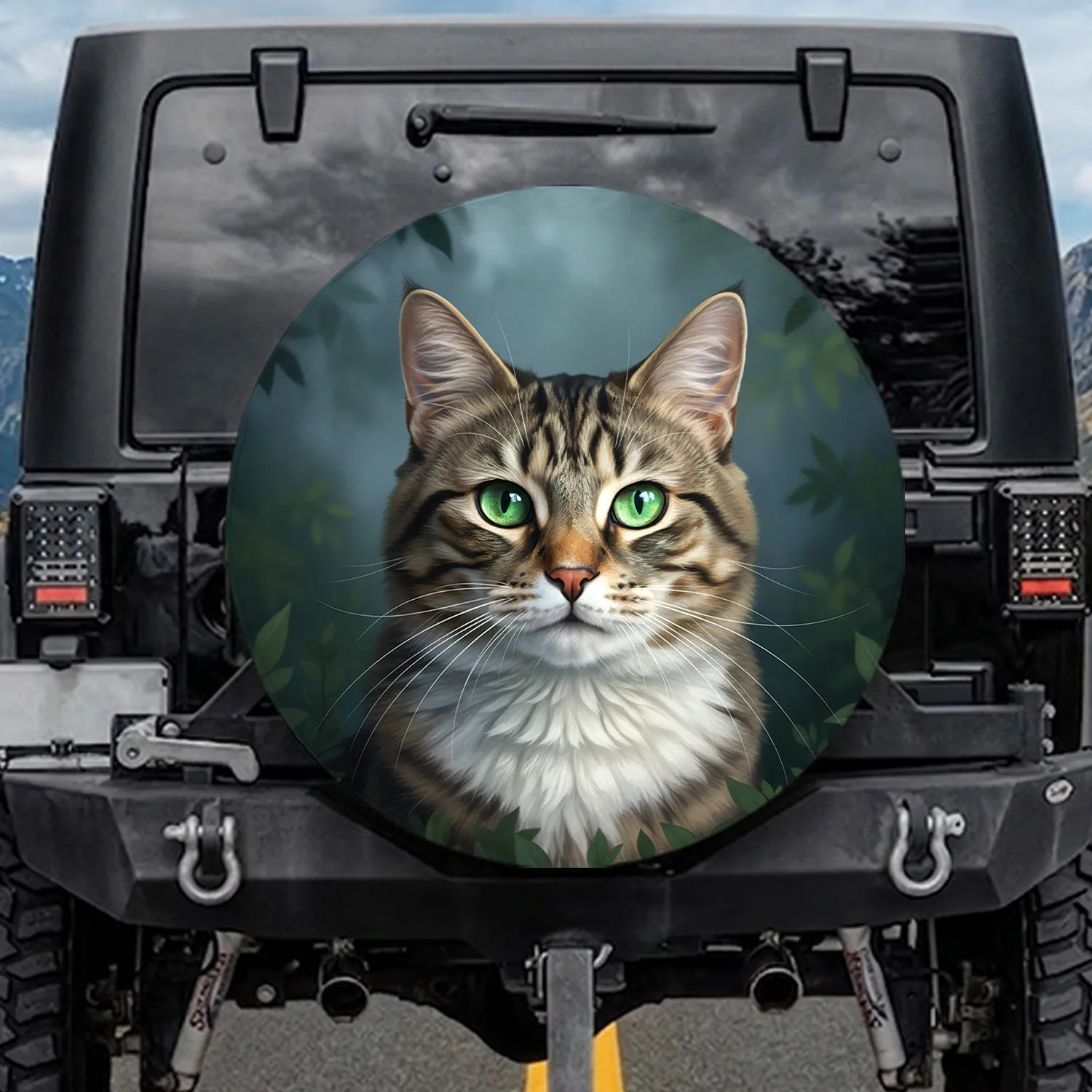 Curious Domestic Tabby Cat Emerald Green Eyes Portrait - Cat Lover Automotive Gift Spare Tire Cover - 1