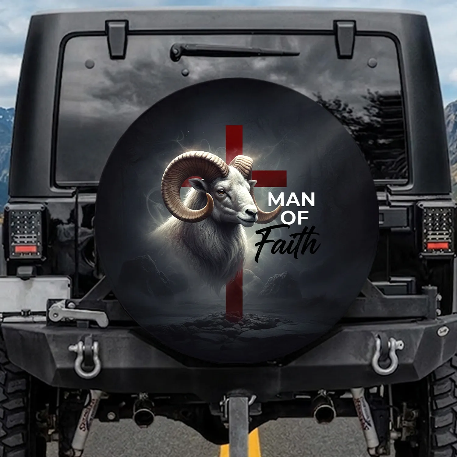 Man of Faith Ram Christian Cross - Christian Gift for Men Spare Tire Cover - 1