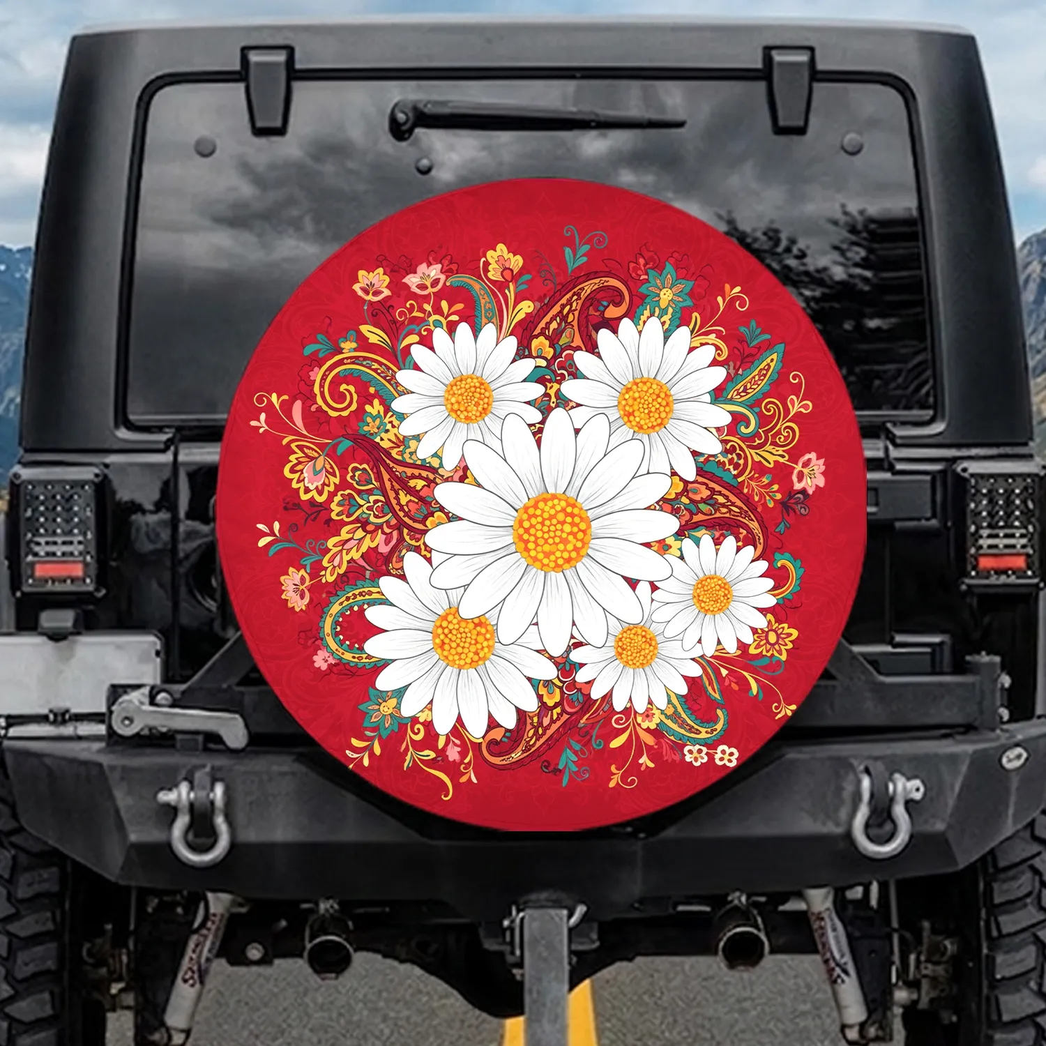 White Daisies Yellow Orange Crimson Teal Paisley Floral Swirls - Home Decor Gift Spare Tire Cover - 1