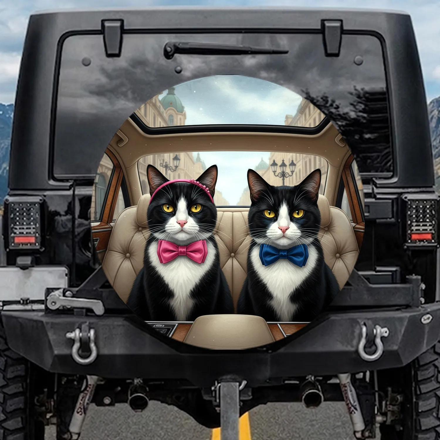 Tuxedo Cats Pink Bow Blue Bowtie Luxurious Car Interior - Pet Lover Gift for Cat Owners Spare Tire Cover - 1