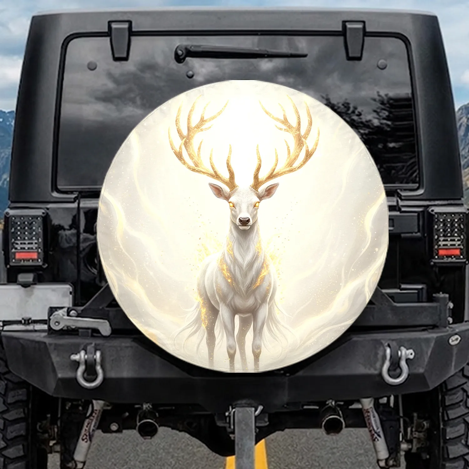 White Stag Golden Antlers Golden Eyes Golden Flames Golden Energy - Wildlife Lover Gift Spare Tire Cover - 1