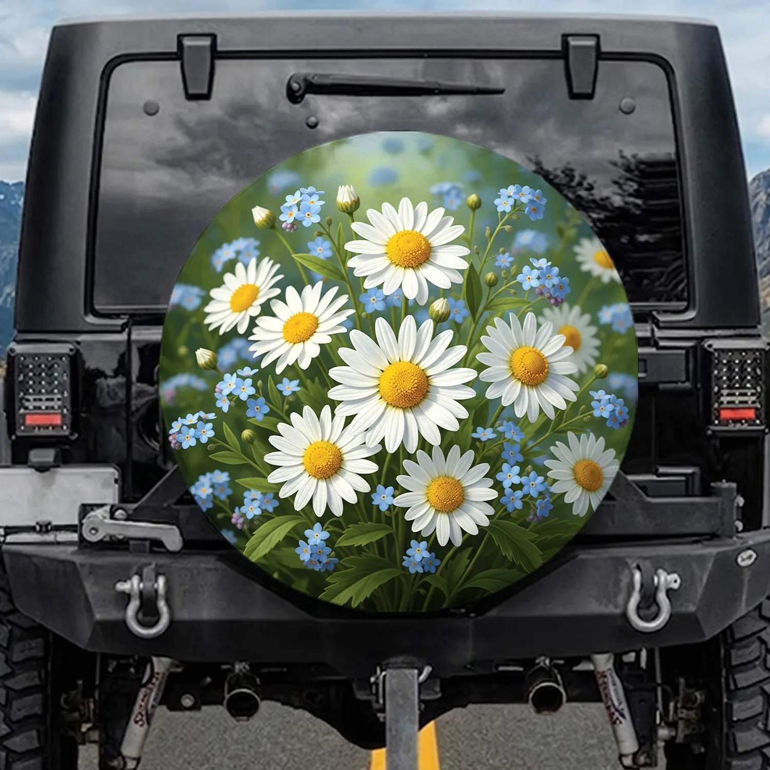 White Daisies Blue Forget-Me-Nots Garden - Home Decor Gift for Garden Lover Spare Tire Cover - 1