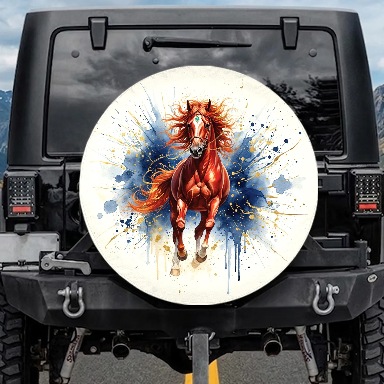 Red Galloping Horse Blue Gold Flecks - Wildlife Lover Gift for Horse Lover Spare Tire Cover - 1