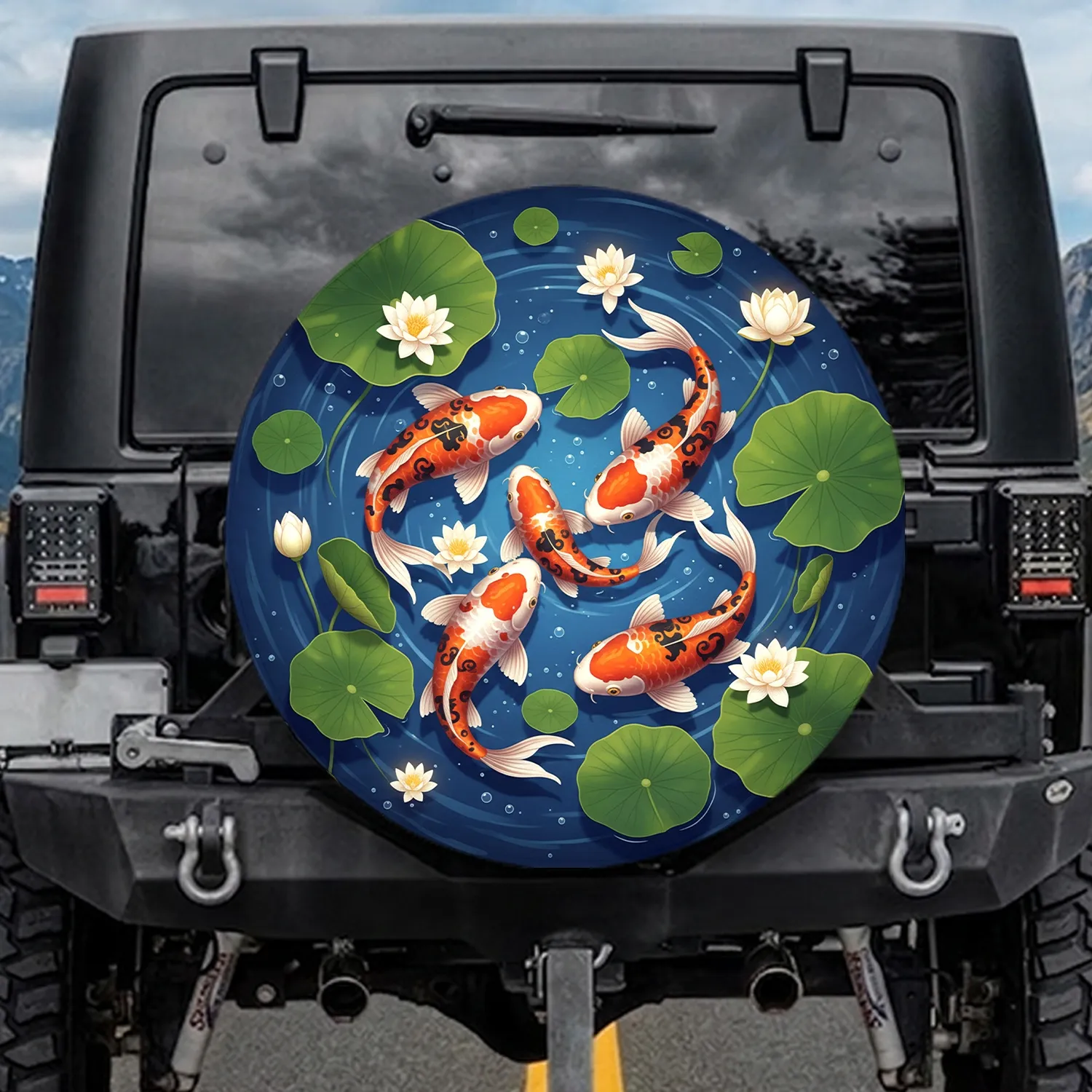 Dark Blue Pond Koi Fish Orange White Lotus Lily Pads - Wildlife Lover Gift Spare Tire Cover - 1