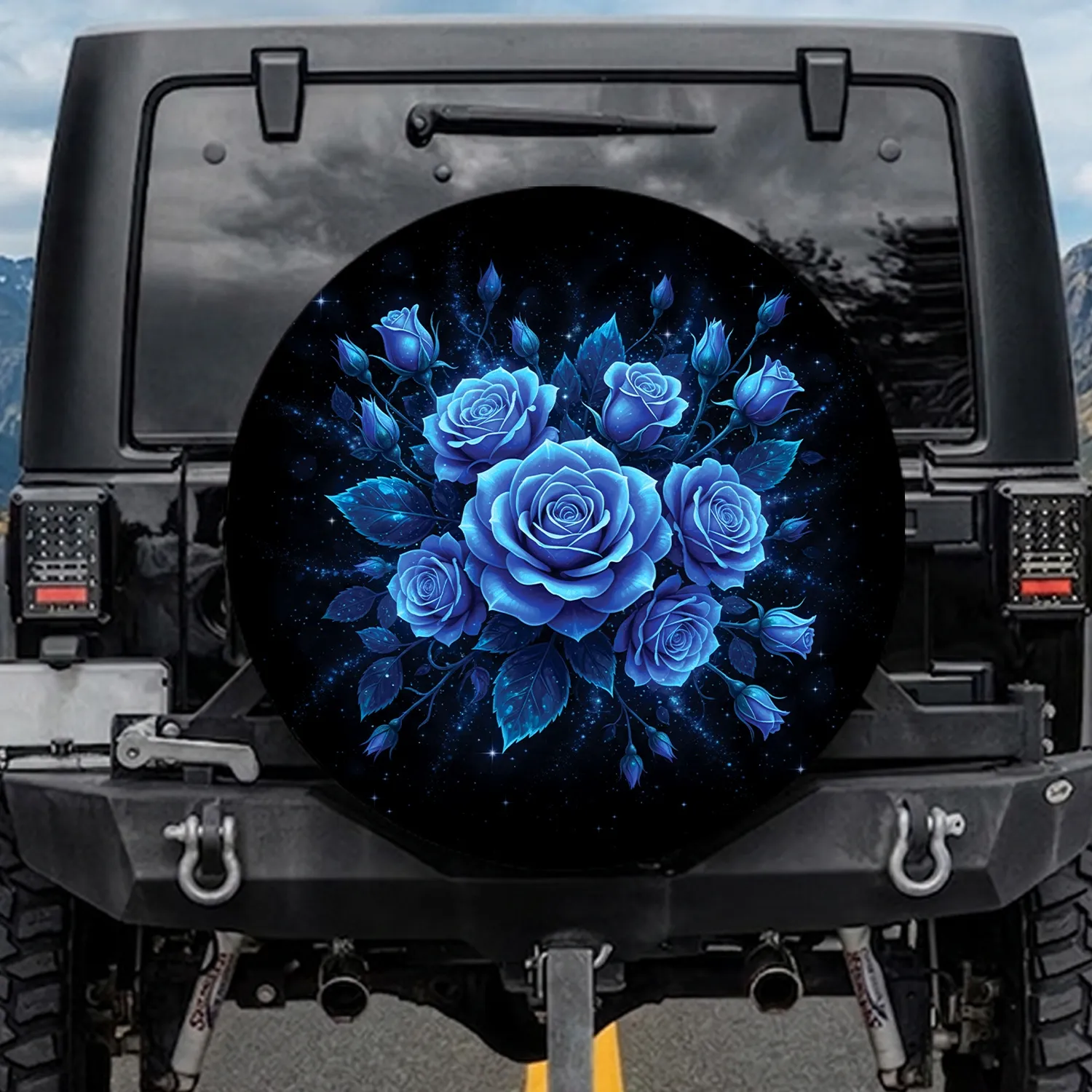 Electric Blue Roses Starlight Fantasy - Travel Gift for Fantasy Lover Spare Tire Cover - 1