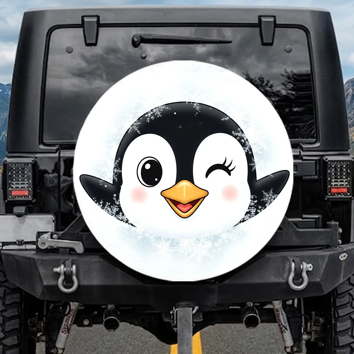 Winking Cartoon Penguin Face Snow Flurries - Wildlife Lover Gift for Penguin Lover Spare Tire Cover - 1