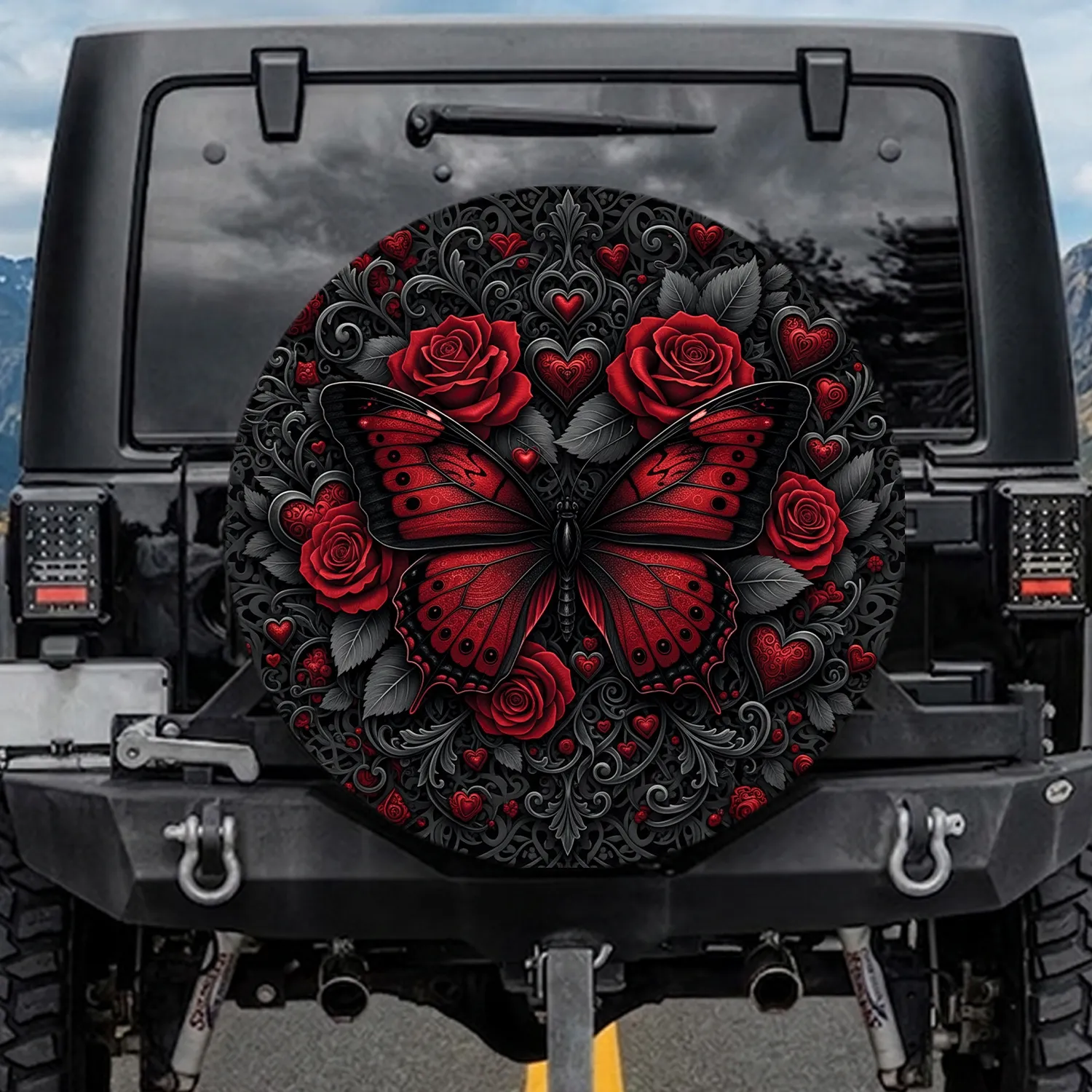Deep Red Butterfly Roses Hearts - Home Decor Gift for Butterfly Lover Spare Tire Cover - 1