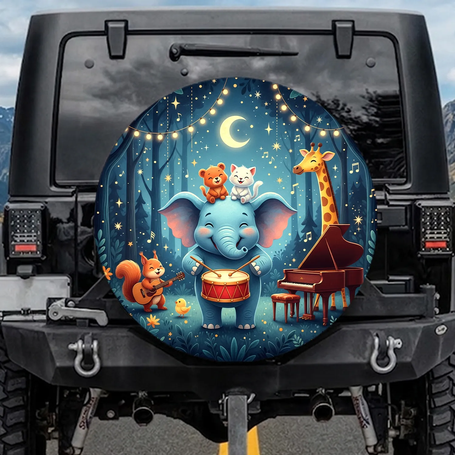 Elephant Bear Cat Musical Forest Animals - Kids Room Decor Gift Spare Tire Cover - 1