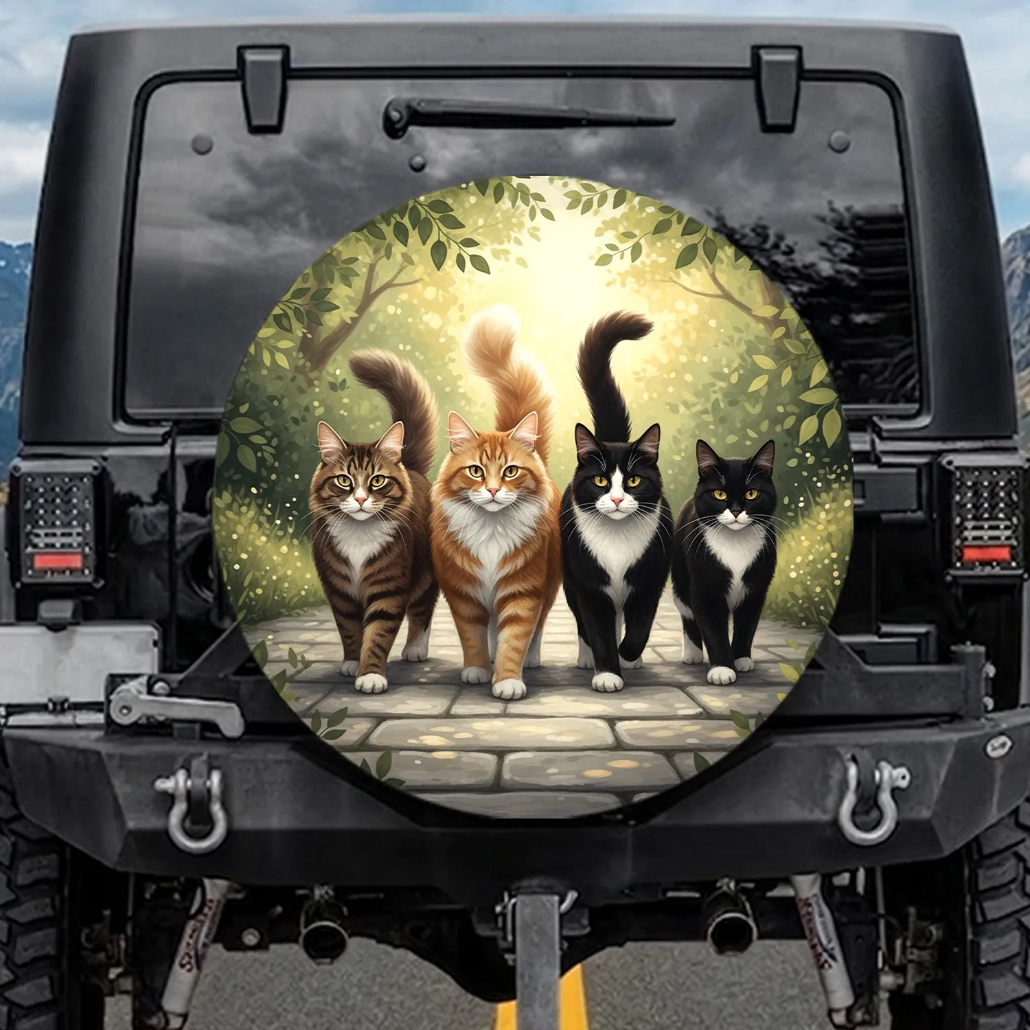 Brown Tabby Ginger Tuxedo Black Cats Outdoor Path - Pet Lover Home Decor Gift Spare Tire Cover - 1