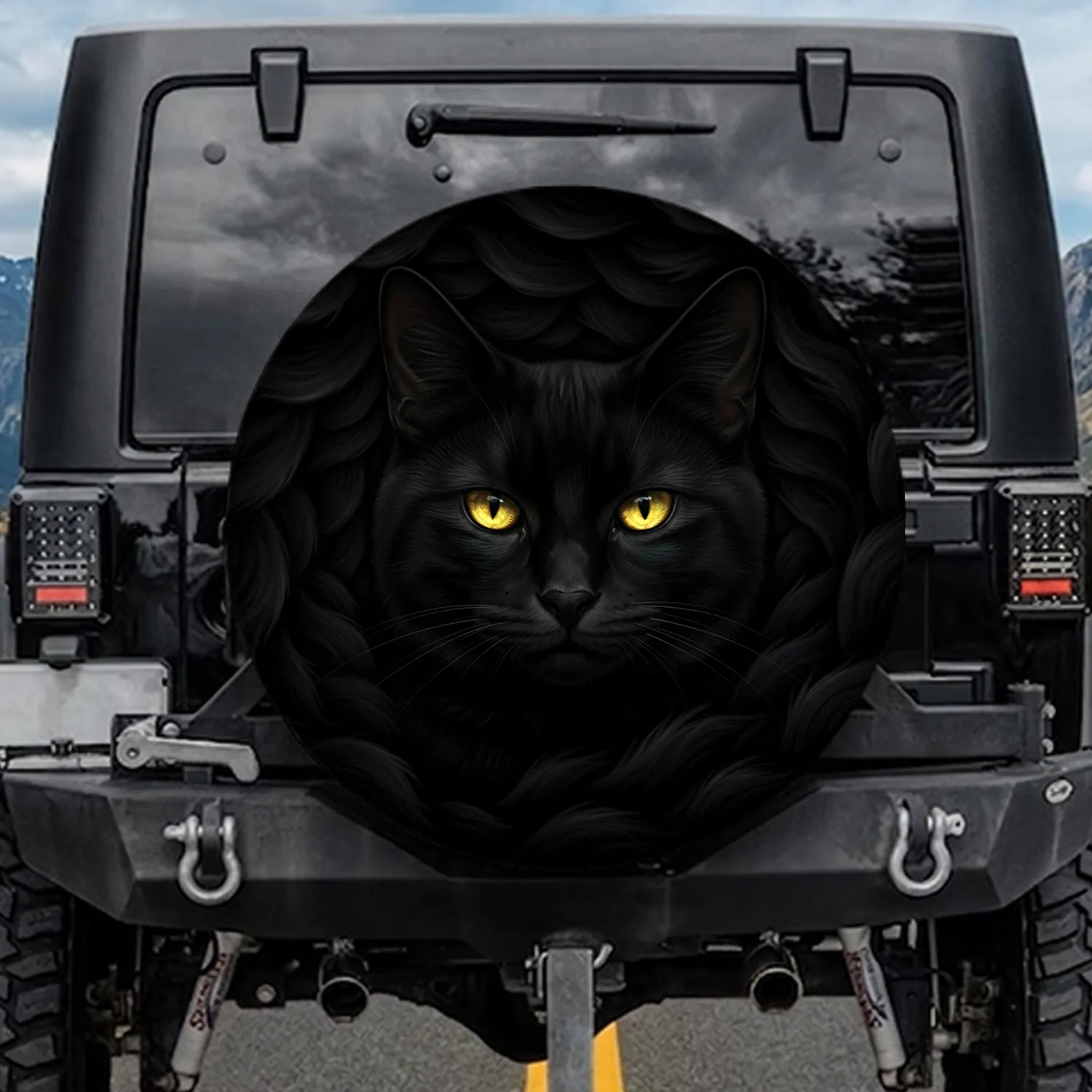 Majestic Black Cat Face with Piercing Luminous Golden Eyes - Wildlife Lover Car Decor Gift Spare Tire Cover - 1