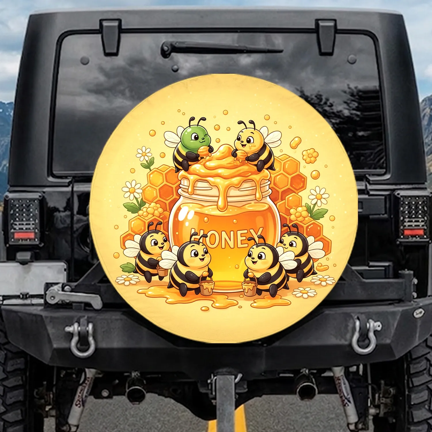 Golden Honey Jar Adorable Plump Bees Honeycomb Daisy - Sweet Treat Lover Gift Spare Tire Cover - 1