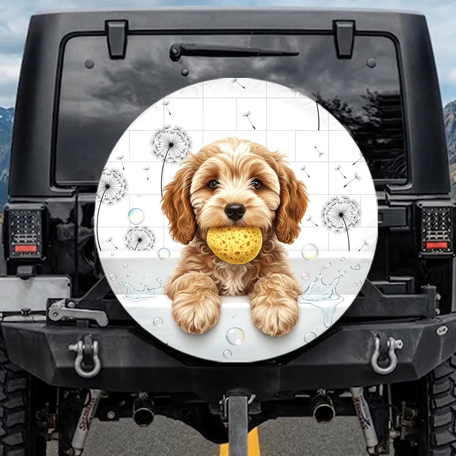 Light Brown Cream Puppy Bathtub Sponge Dandelion Tiles - Home Decor Gift for Pet Lover Spare Tire Cover - 1