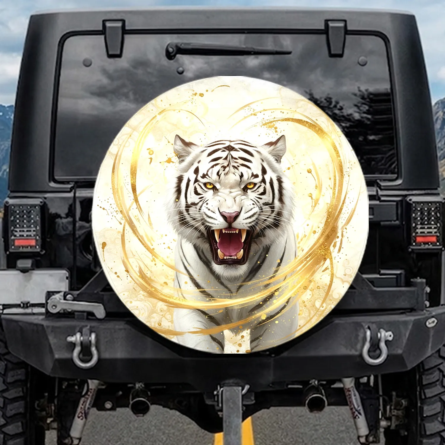 White Tiger Roaring Golden Glow Luxurious - Wildlife Lover Gift Spare Tire Cover - 1
