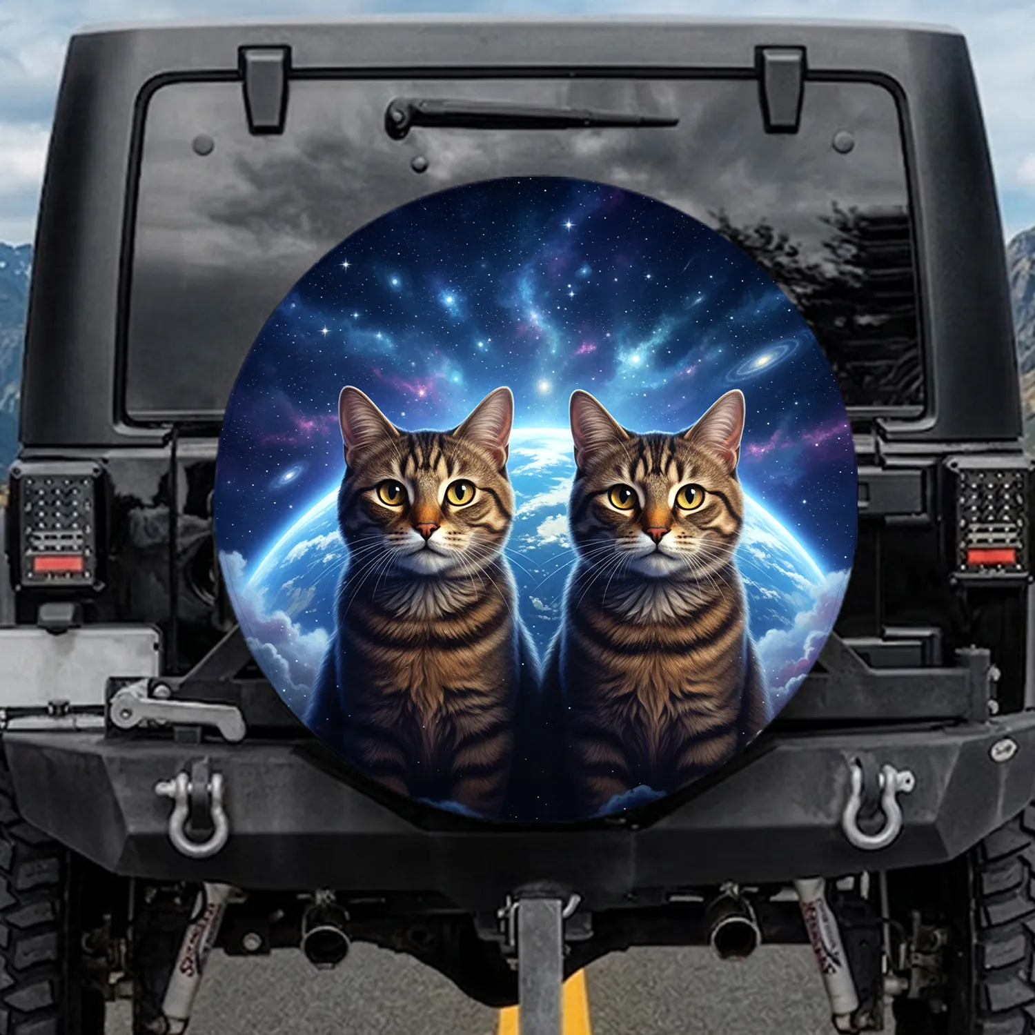 Curious Tabby Cats Cosmic Sky Planet Stars - Pet Lover Space Enthusiast Gift Spare Tire Cover - 1