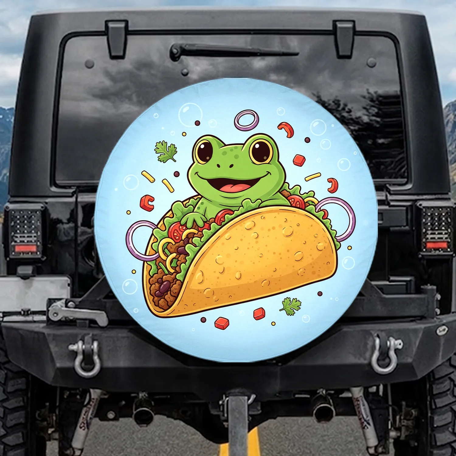 Expressive Frog in Golden Crunchy Taco Shell - Food Lover Gift for Mexican Food Fans Spare Tire Cover - 1