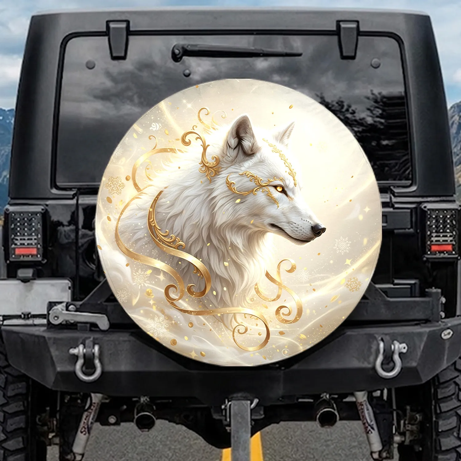 Majestic White Wolf Golden Filigree Ribbons Gold Flourishes - Wildlife Lover Gift for Wolf Lover Spare Tire Cover - 1