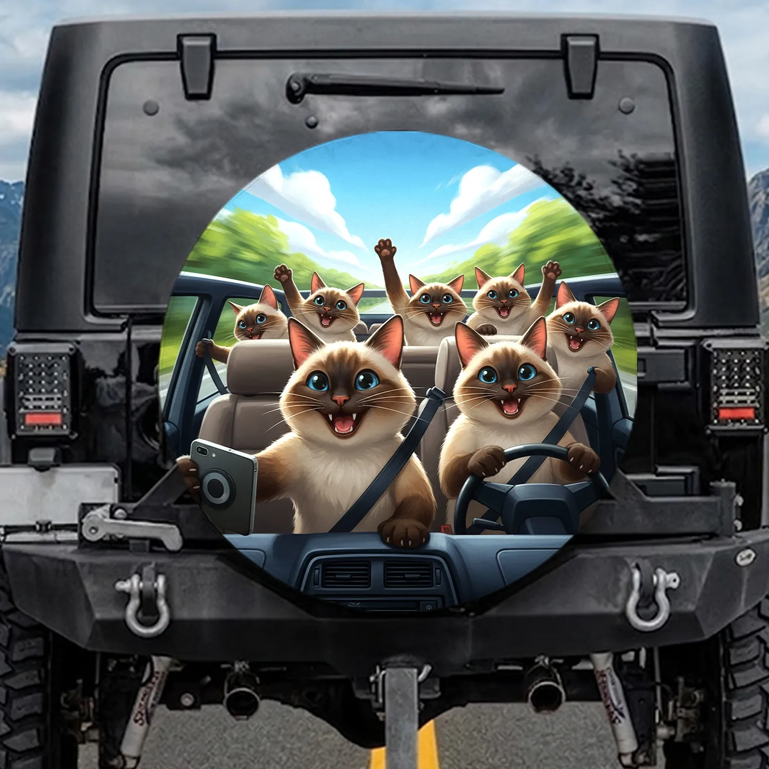 Siamese Cat Selfie Driving Road Trip - Road Trip Essentials Cat Lover Gift Spare Tire Cover - 1