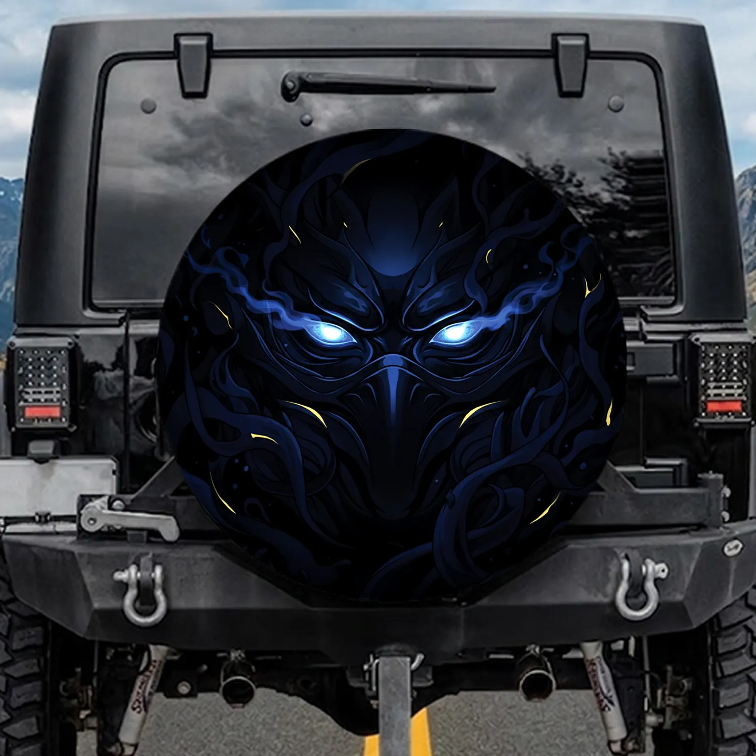 Intensely Glowing Blue Eyes Shadow Mask Dark Energy Aura - Dramatic Home Decor Gift Spare Tire Cover - 1