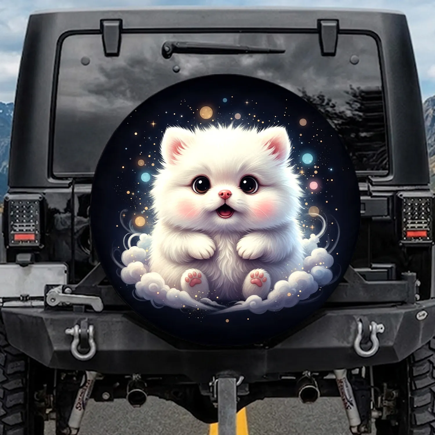 Cute Fluffy White Creature Big Eyed Pink Nosed Midnight Black - Pet Lover Gift Spare Tire Cover - 1