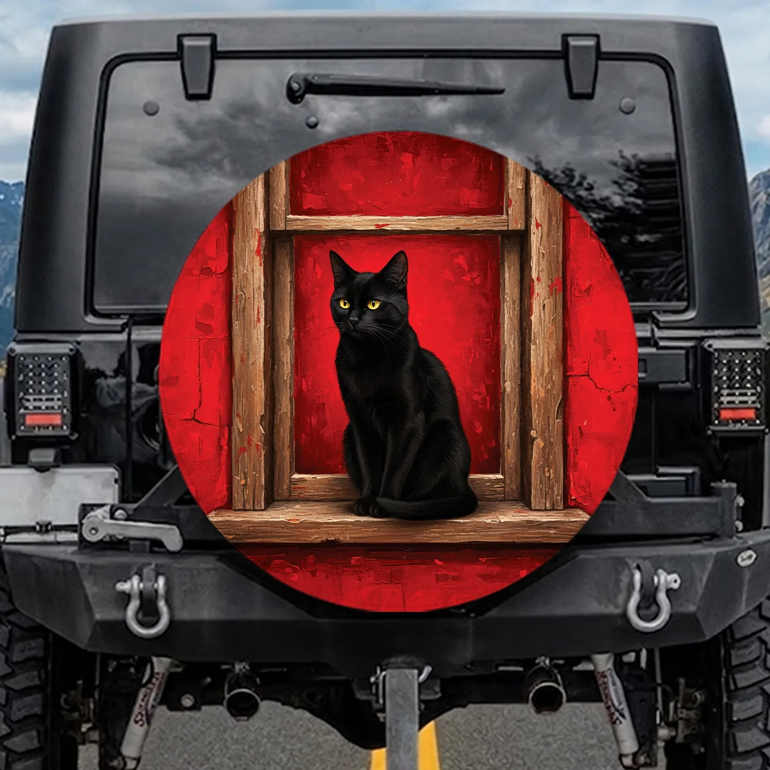 Black Cat Golden Eye Rustic Windowsill Scarlet Red Wall - Cat Lover Gift Spare Tire Cover - 1