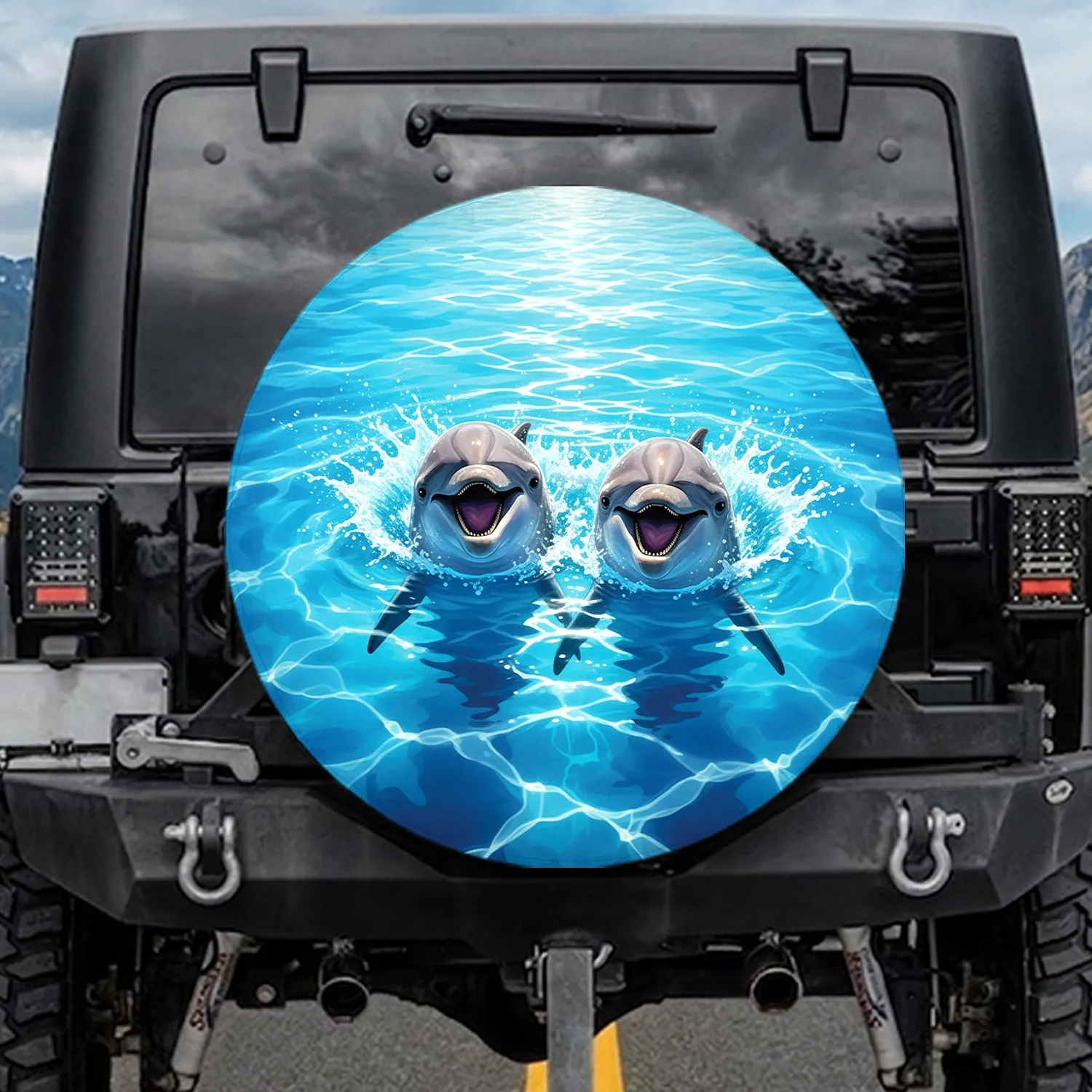 Smiling Playful Dolphins Dynamic Ocean - Ocean Lover Gift Spare Tire Cover - 1