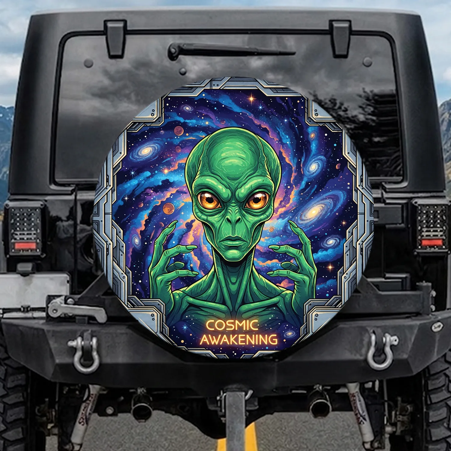 Green Alien Spacecraft - Cosmic Galaxy Sci-Fi Fan Gift Spare Tire Cover - 1