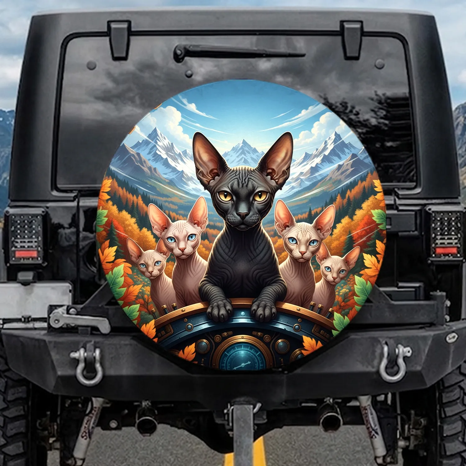 Five Realistic Sphynx Cats Mountain Peaks Autumn Forest - Outdoor Adventure Gift Spare Tire Cover - 1