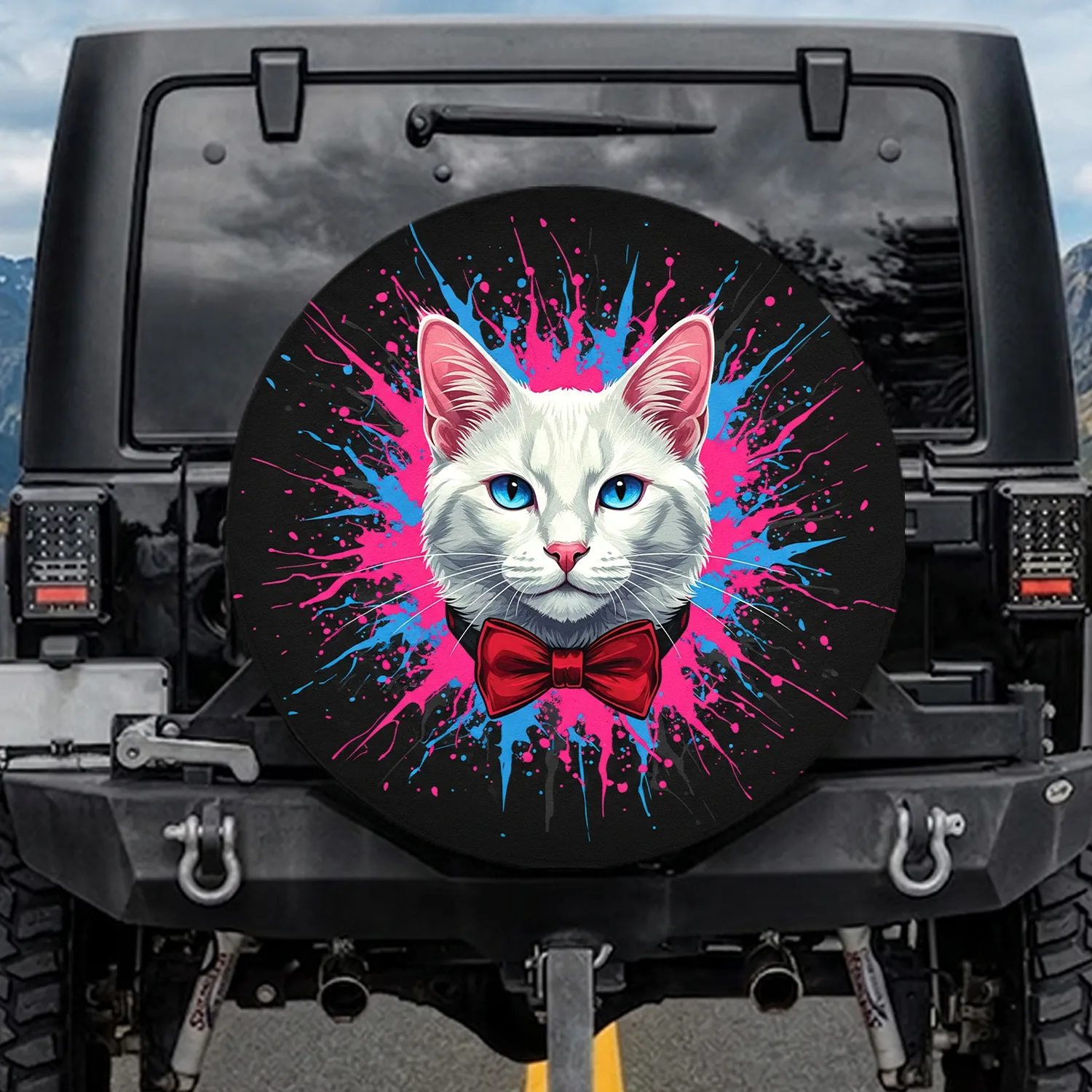White Cat Blue Eyes Pink Ears Red Bow Tie Paint Streaks - Home Decor Gift for Cat Lover Spare Tire Cover - 1