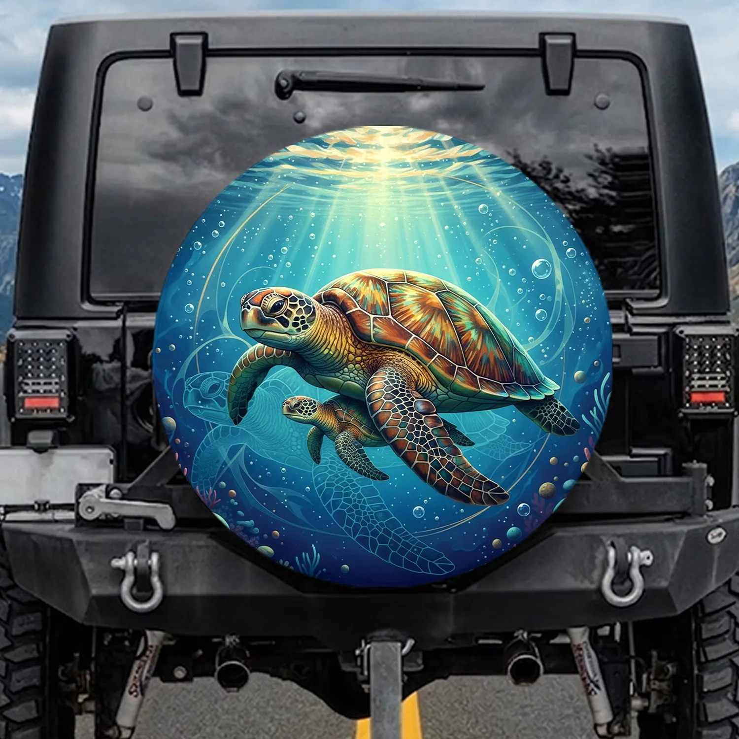 Sea Turtle Mosaic Underwater Ocean Light Rays - Ocean Lover Gift Spare Tire Cover - 1