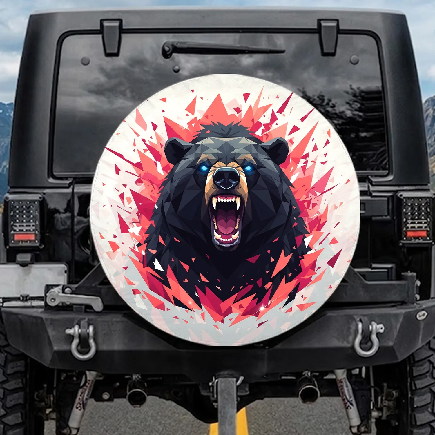 Powerful Black Bear Roaring Sharp Fangs Electric Blue Eyes - Wildlife Lover Adventure Gift Spare Tire Cover - 1